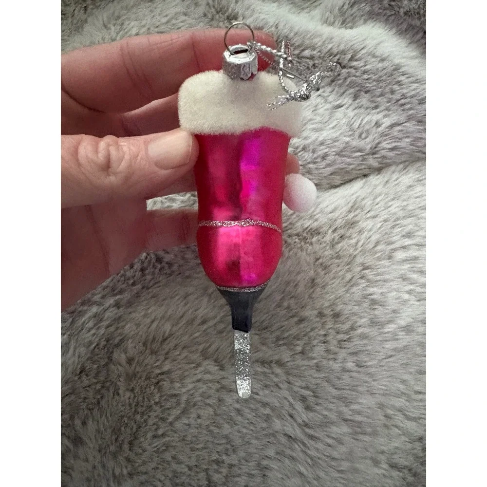 Ice Skate with Heals Glass Blown Christmas Ornament Fur Trim Pom Pom Glitter